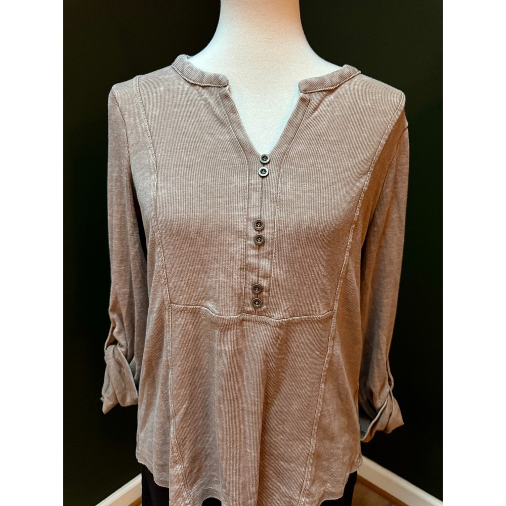 Jane + Delancy Taupe Ribbed Henley Long Sleeve Tunic Top Women's M - Picture 4 of 7